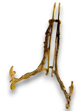 Vintage Ornate Brass Folding Display Easel Plate Stand Large 9.5 Inch Mid Centur